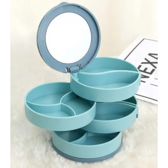 (NIB) Blue/Grey Round Four-Tiered Rotating Stacked Jewelry Organizer with Mirror - Picture 2 of 11